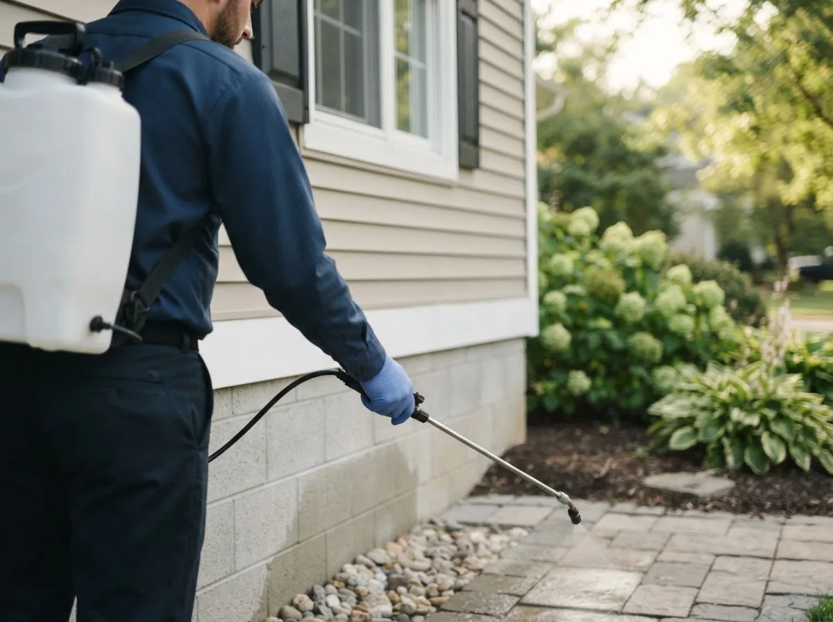 Pest control technician inspecting a home in Far Hills, NJ